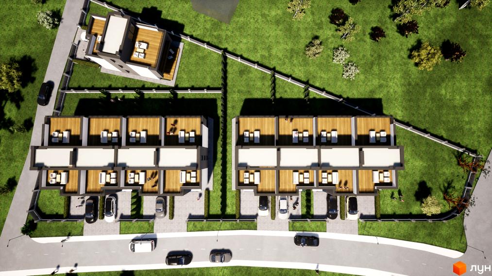 Аерофотографія таунхаусів FranHouse 2: два ряди будинків з прибудинковими ділянками та зеленою зоною.