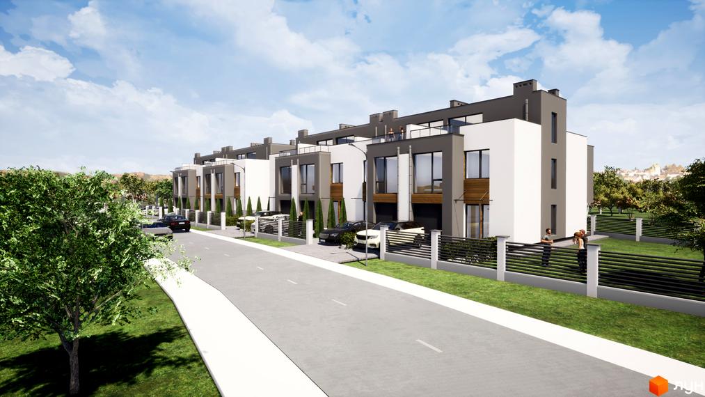 Ряд двоповерхових таунхаусів FranHouse 2 з білими та темно-сірими фасадами, великими вікнами. Перед будинками розташована дорога, зелені газони та дерева.