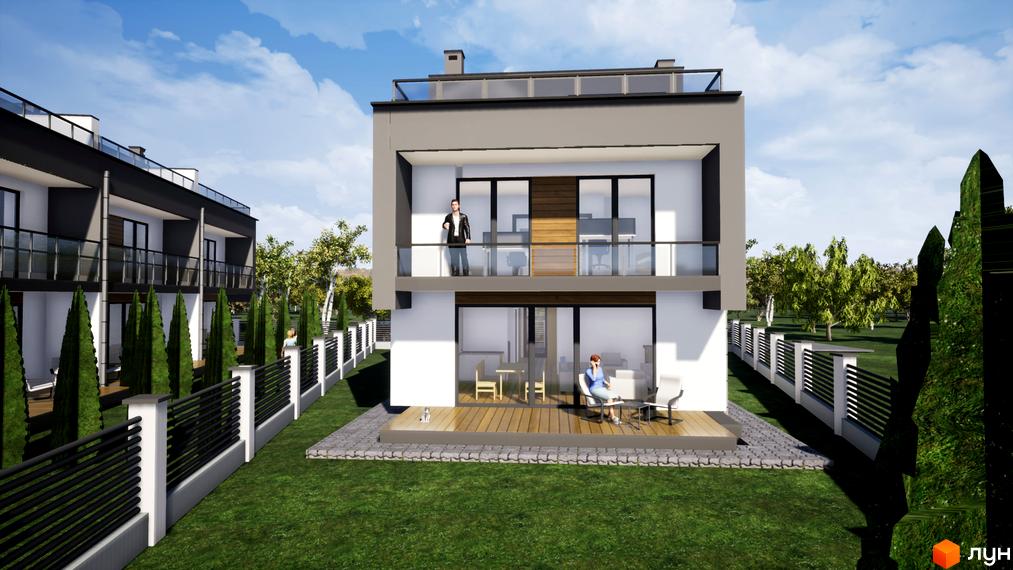 Котеджне містечко FranHouse 2: двоповерховий таунхаус з біло-сірим фасадом, балконом та терасою, оточений зеленим газоном.