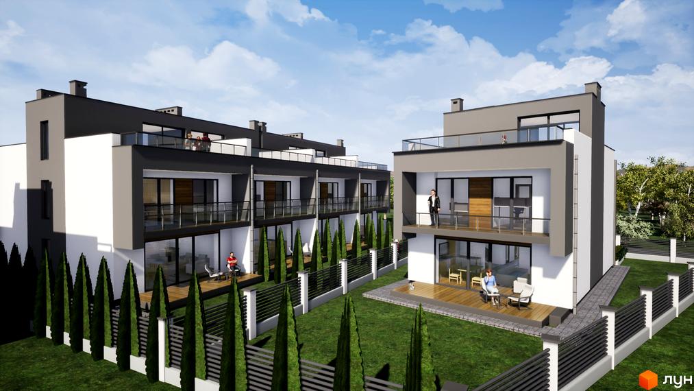 Таунхауси FranHouse 2 з сіро-білими фасадами та балконами. Прибудинкова територія включає зелений газон та огородження.