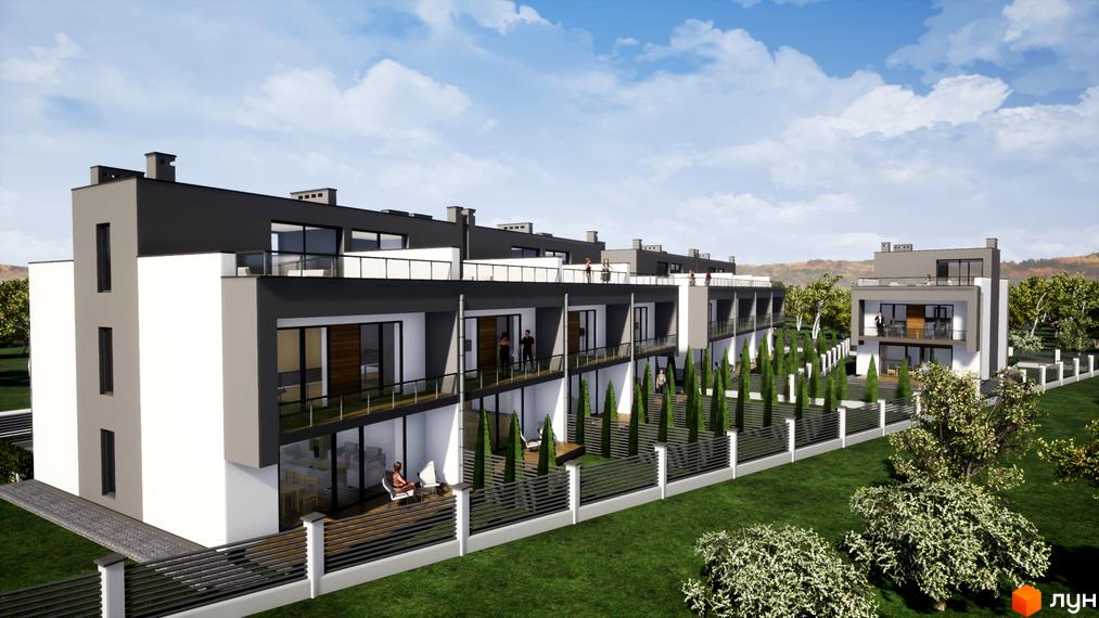 Ряд таунхаусів FranHouse 2 з білими та темно-сірими фасадами, великими вікнами та балконами. Навколо зелені газони, огорожі та ряди високих хвойних дерев.