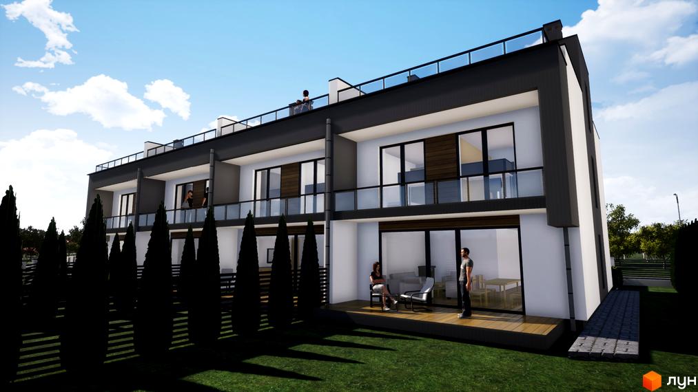 Таунхауси FranHouse 2: багаторівневий будинок з білими стінами, темним верхнім ярусом, балконами. Перед будинком зелений газон, дерева, дерев'яна тераса.