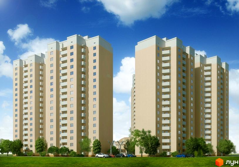 Житловий комплекс на вул. Грушевського, 21а, з високими будинками та прибудинковою територією, озелененою деревами.