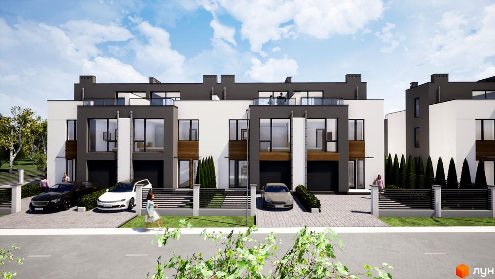 Зображення таунхаусів FranHouse 2 з великими вікнами та гаражами. На передньому плані припарковані автомобілі та пішоходи.