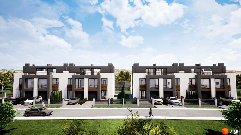 Зображення таунхаусів FranHouse 2. Двоповерхові будинки з гаражами та балконами, перед будинками припарковані автомобілі.