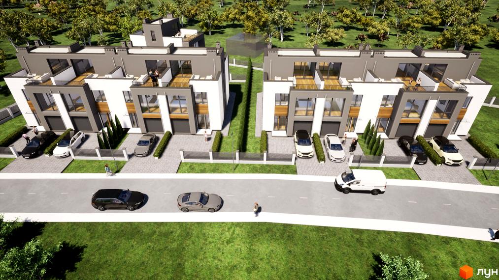 Таунхауси FranHouse 2 з білими та сірими фасадами, великими вікнами та балконами. На території є паркувальні місця та зелені насадження.