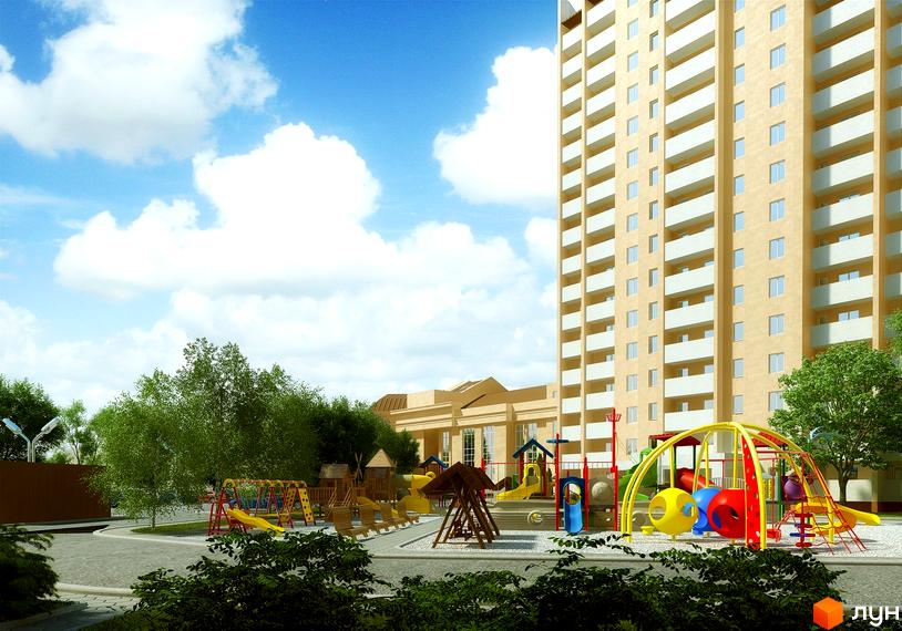 Житловий комплекс вул. Грушевського, 21а з сучасним фасадом та прибудинковою територією, обладнаною дитячим майданчиком.