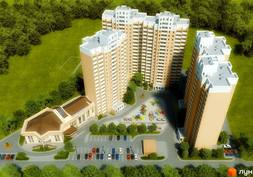 Зовнішній вигляд житлового комплексу на вул. Грушевського, 21а, з трьома висотними будинками та прибудинковою територією з дитячим майданчиком та парковкою.