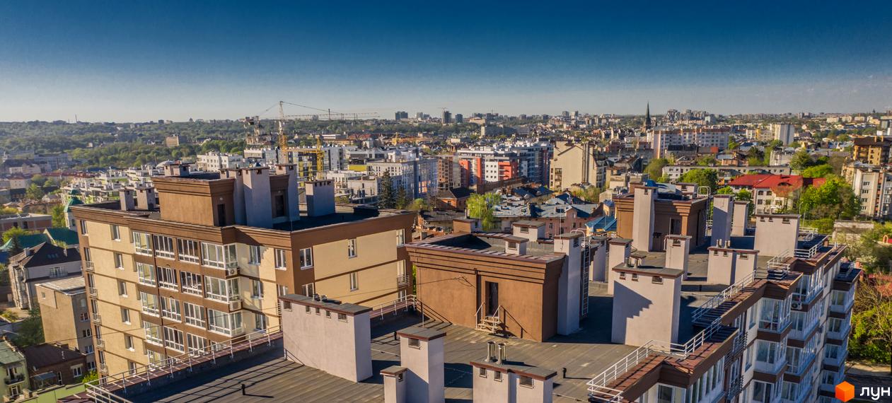 Багатоповерхові будинки Житлового комплексу Шоколад з бежевими та коричневими фасадами, великими вікнами, на тлі міського пейзажу.