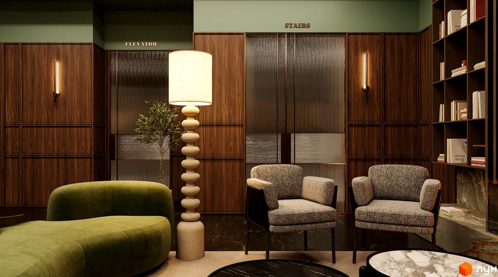 Інтер'єр вестибюлю Житлового комплексу Венґлінський з дерев'яними панелями, рифленими скляними перегородками та зоною відпочинку.