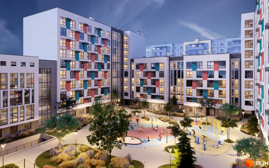 Житловий комплекс Софіївка - це сучасна новобудова з яскравими фасадами та упорядкованою прибудинковою територією з дитячим майданчиком та зонами відпочинку.