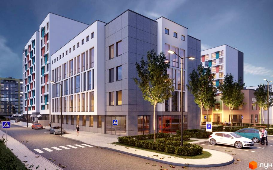 Житловий комплекс Софіївка: фасади будівель з вікнами та кольоровими елементами, парковка та зелена зона біля дороги. Зовнішній вигляд новобудови.