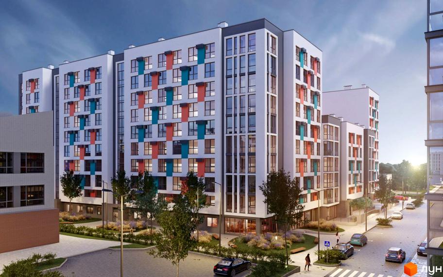 Зовнішній вигляд новобудови ЖК Софіївка з яскравими фасадами та великою кількістю вікон. Територія навколо будинку облаштована зеленими насадженнями та місцями для відпочинку.