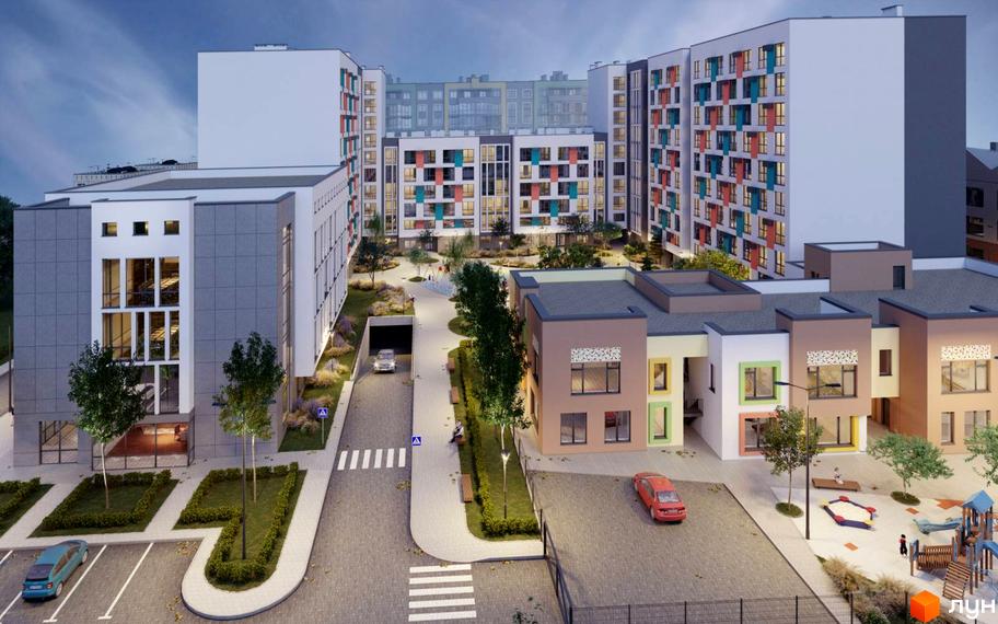 Зовнішній вигляд новобудови ЖК Софіївка з різнокольоровими фасадами та дитячим майданчиком на прибудинковій території. Сучасний житловий комплекс з паркінгом та зеленими зонами.