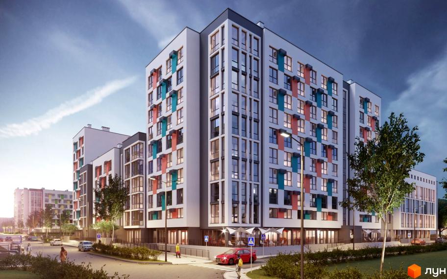Житловий комплекс Софіївка: багатоповерхова новобудова з білим фасадом та кольоровими акцентами. Навколо — доглянута прибудинкова територія та вулиця.