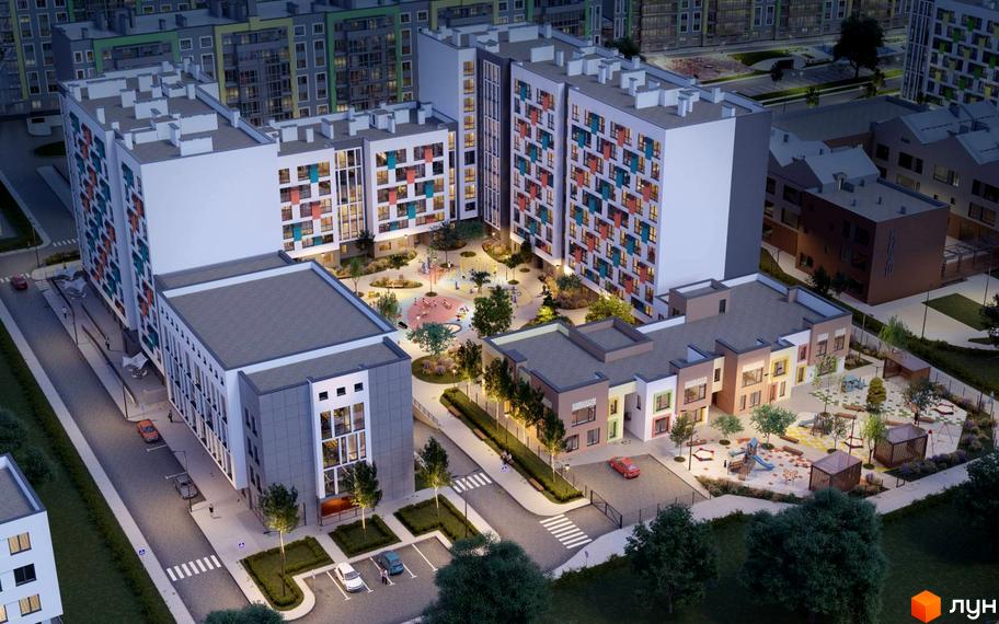 Житловий комплекс Софіївка: багатоповерхові будинки з кольоровими фасадами та дитячий майданчик з зонами відпочинку. Сучасна забудова з упорядкованою територією.