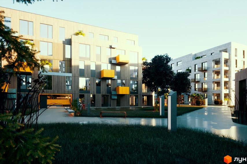 Зображення фасаду Житлового комплексу Swedish Quarter та прибудинкової території з ландшафтним дизайном.