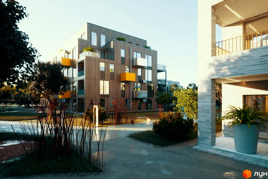 Зображення фасаду та прибудинкової території Житлового комплексу Шведський квартал. Багатоповерховий будинок з деревини та газони.