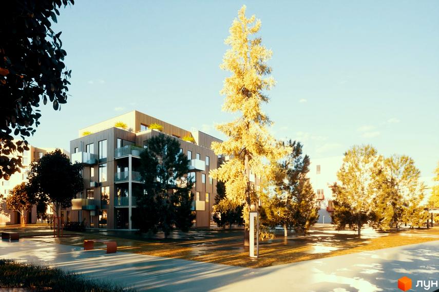 Зображення Житлового комплексу Шведський квартал. Вигляд фасаду будинку та прибудинкової території з деревами.