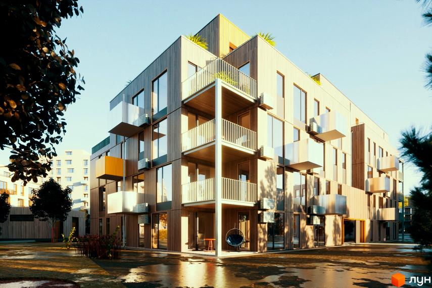 Зображення фасаду та прибудинкової території Житлового комплексу Шведський квартал. Багатоповерховий будинок з балконами та великими вікнами.