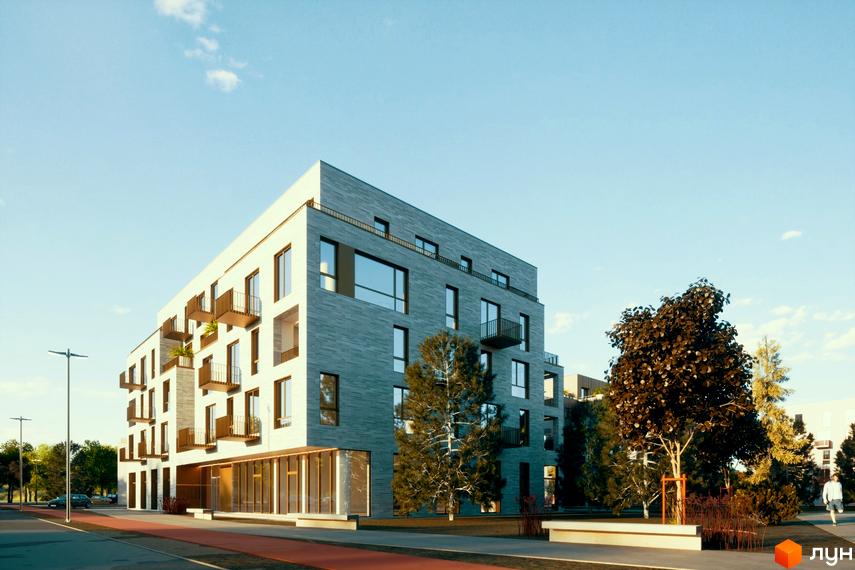 Зображення фасаду Житлового комплексу Шведський квартал з балконами та виглядом на зелену прибудинкову територію.