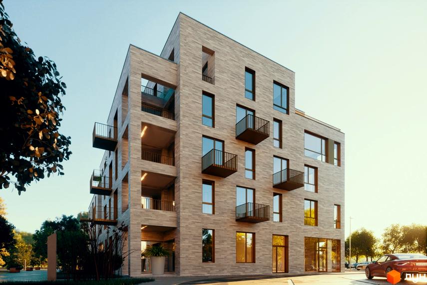 Зображення фасаду Житлового комплексу Шведський квартал з балконами та великими вікнами. Навколо комплексу зелені насадження.