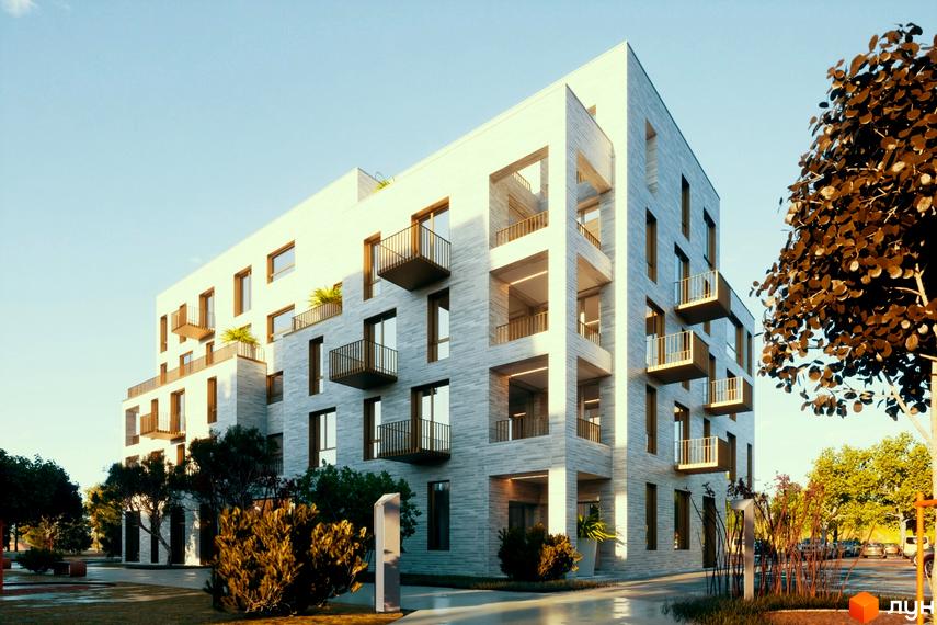 Зображення фасаду будинку Житлового комплексу Шведський квартал з балконами та прибудинковою територією з деревами.