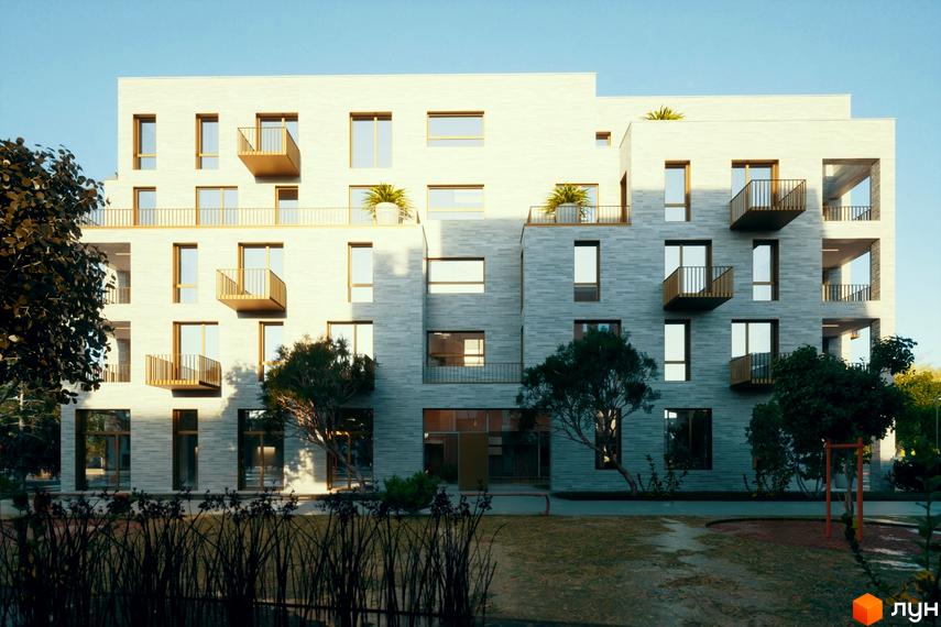 Зображення фасаду та прибудинкової території Житлового комплексу Шведський квартал. Багатоповерхівка з балконами та деревами.