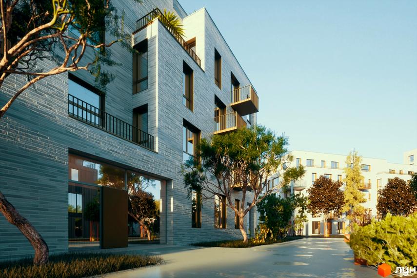 Зображення фасаду та подвір'я Житлового комплексу 