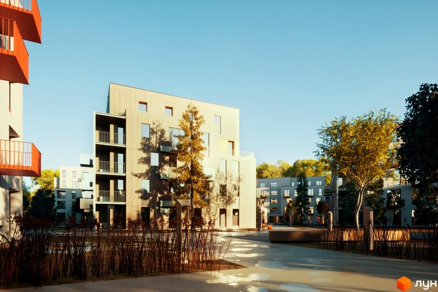 Зображення фасаду та прибудинкової території Житлового комплексу Шведський квартал. Вигляд новобудови та озеленення двору.