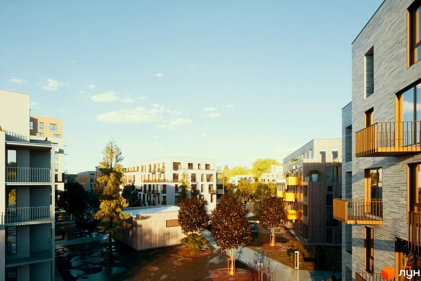 Зображення Житлового комплексу Шведський квартал з виглядом на будівлі та зелену прибудинкову територію.