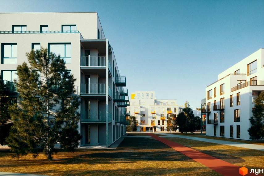 Зображення фасаду та прибудинкової території Житлового комплексу Шведський квартал. На фото видно багатоповерхові будинки та зелені насадження.