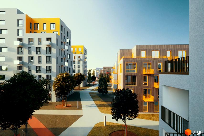 Вигляд на Житловий район Шведський квартал з будівлями різної висоти та деревами на території.