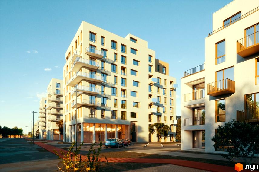 Зображення фасаду Житлового комплексу Шведський квартал з великими вікнами та балконами. Навколо будинку облаштована прибудинкова територія.