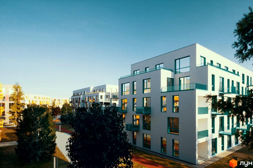 Зображення фасаду та прибудинкової території Житлового комплексу Шведський квартал. На фото будівля з великими вікнами та балконами.