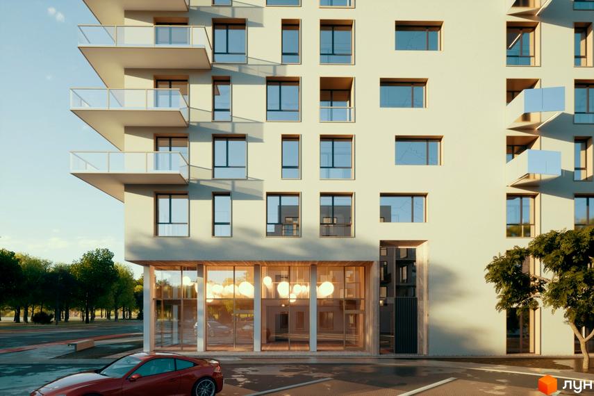 Зображення фасаду Новобудови Шведський квартал з великими вікнами та балконами. На передньому плані червоний автомобіль.