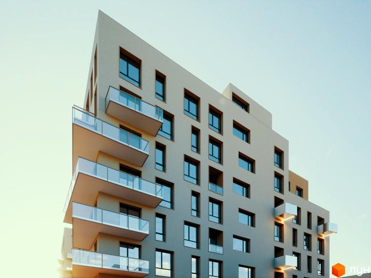 Зображення фасаду багатоповерхового будинку з великими вікнами та балконами в Житловому комплексі Шведський квартал.