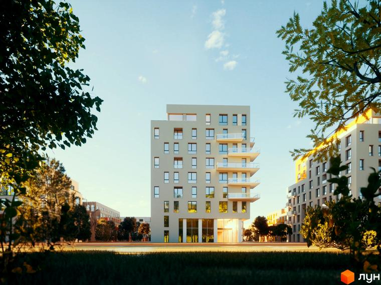 Зображення фасаду та прибудинкової території Житлового комплексу Swedish Quarter. Багатоповерховий будинок з балконами та панорамними вікнами.