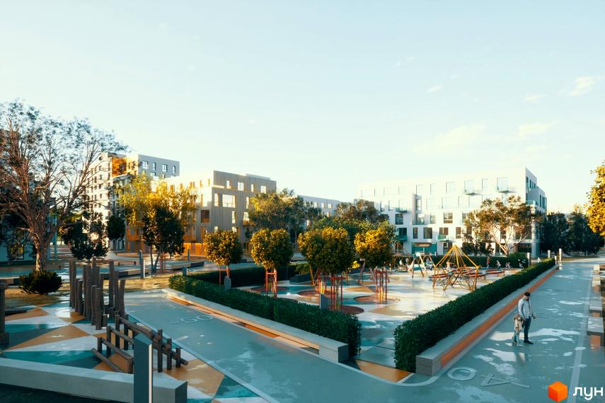 Зображення Житлового комплексу Шведський квартал з виглядом на дитячий майданчик та житлові будинки.