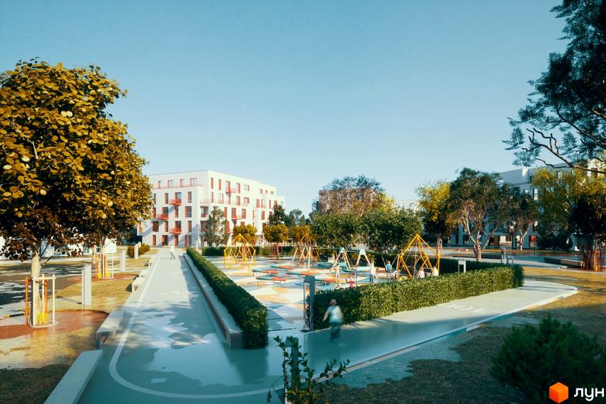 Зображення Житлового комплексу Шведський квартал з дитячим майданчиком та зеленими насадженнями. Вигляд новобудови з прилеглою територією.