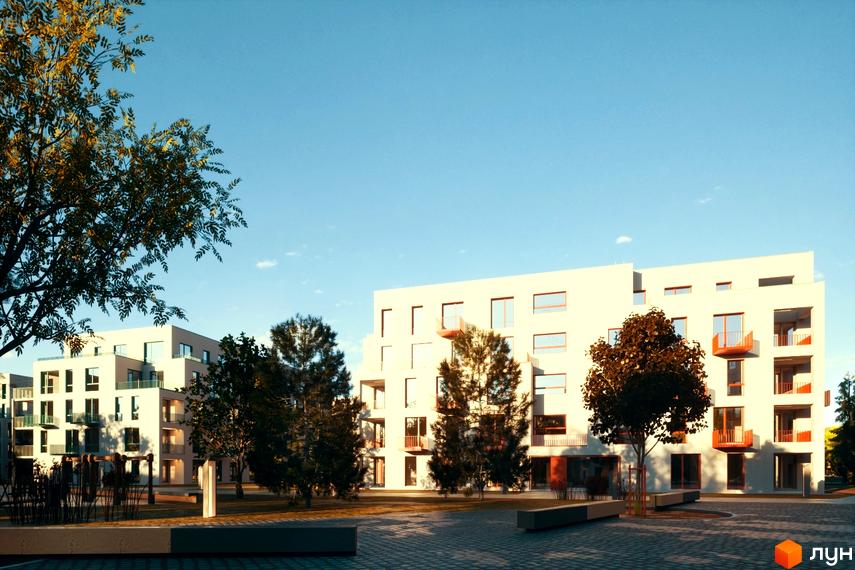 Зображення фасаду та подвір'я Житлового комплексу Шведський квартал. Вигляд новобудови з великими вікнами та деревами на території.