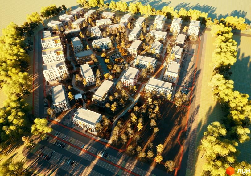 Житловий комплекс Шведський квартал з висоти пташиного польоту. На фото будинки та дерева, а також парковка для автомобілів.