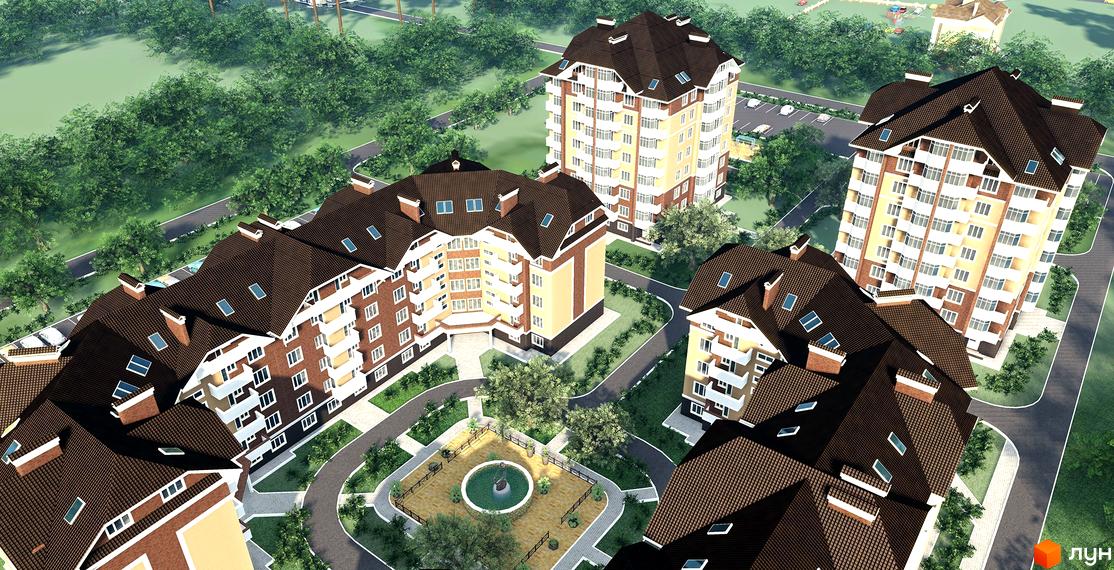 Житловий комплекс Квартал Буча. Зовнішній вигляд будинків з коричневими дахами та жовто-цегляними фасадами. Прибудинкова територія з зеленими насадженнями та фонтаном.