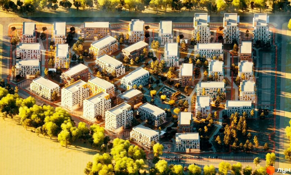 Житловий комплекс Шведський квартал з висоти пташиного польоту. На території розташовані багатоквартирні будинки та зелені насадження.