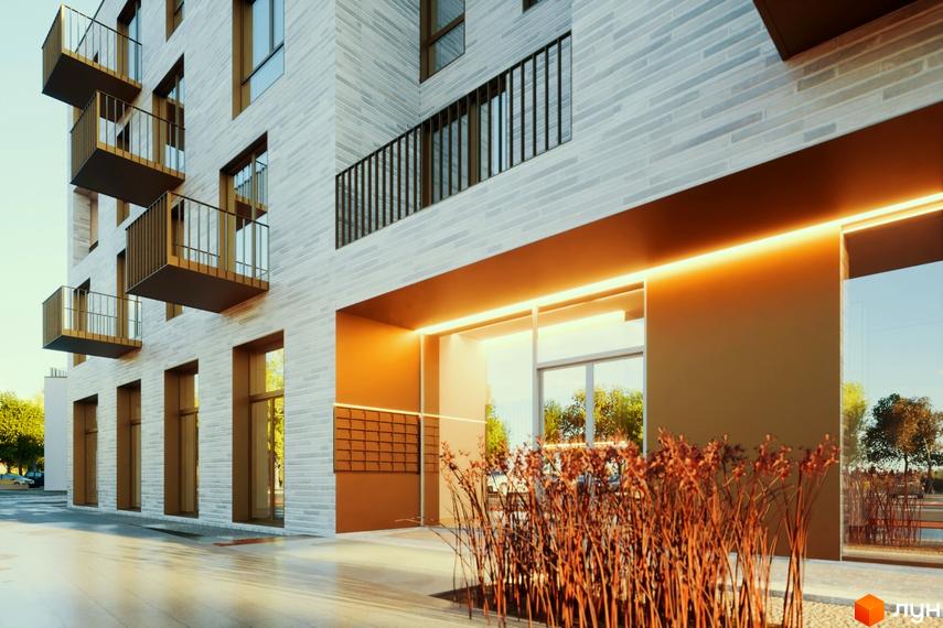 Зовнішній вигляд фасаду ЖК Шведський квартал з балконами та вхідною групою. На передньому плані декоративні кущі.