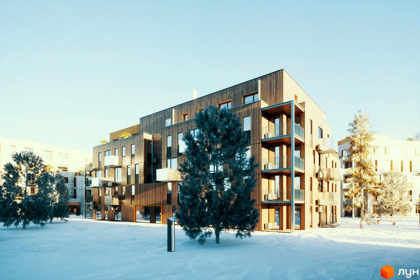 Зображення Житлового комплексу Шведський квартал. Багатоповерховий будинок з дерев'яним оздобленням та великими вікнами, зелені насадження навколо.