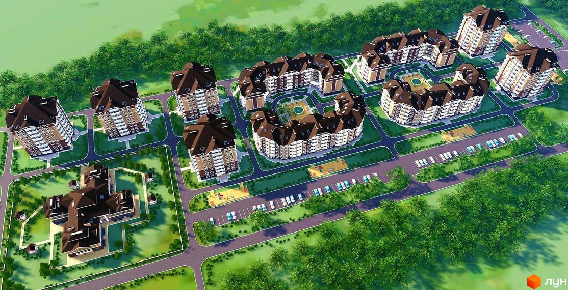 Житловий комплекс Квартал Буча: вид зверху на багатоквартирні будинки з коричневими дахами та прибудинкову територію з парковкою та дитячими майданчиками.