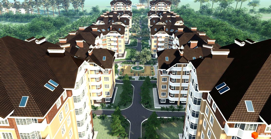 Житловий комплекс Квартал Буча - вид зверху на багатоповерхові будинки з коричневими дахами та прибудинкову територію з деревами та фонтаном.