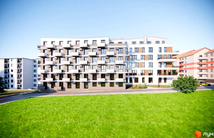 Фасад житлового комплексу Тихий Львів з балконами та вікнами, зелена прибудинкова територія.