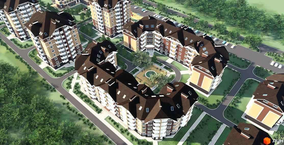 Житловий комплекс Квартал Буча з багатоповерховими будинками та внутрішнім двором з фонтаном. Оточений зеленими деревами та доглянутою прибудинковою територією.